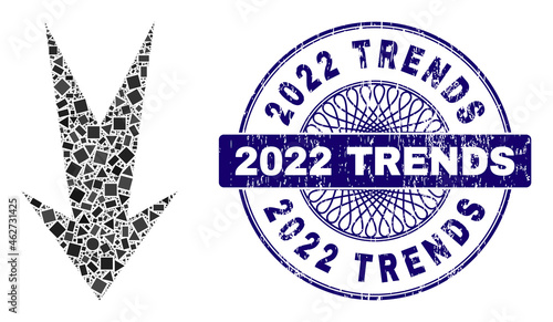Geometric collage arrow down, and 2022 Trends scratched seal imitation. Violet seal contains 2022 Trends tag inside circle shape. Vector arrow down collage is designed of scattered circle, triangle,