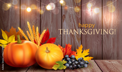 Thanksgiving Day card with pumpkins, autumn leaves and festive lights on wooden background. Vector illustration.