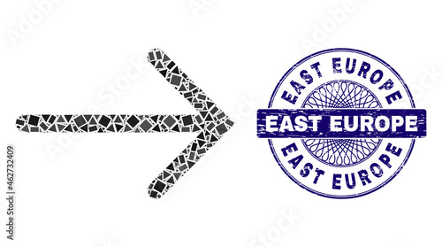 Geometric collage arrow right, and East Europe corroded seal imitation. Blue seal includes East Europe caption inside circle form. Vector arrow right collage is made from scattered circle, triangle,