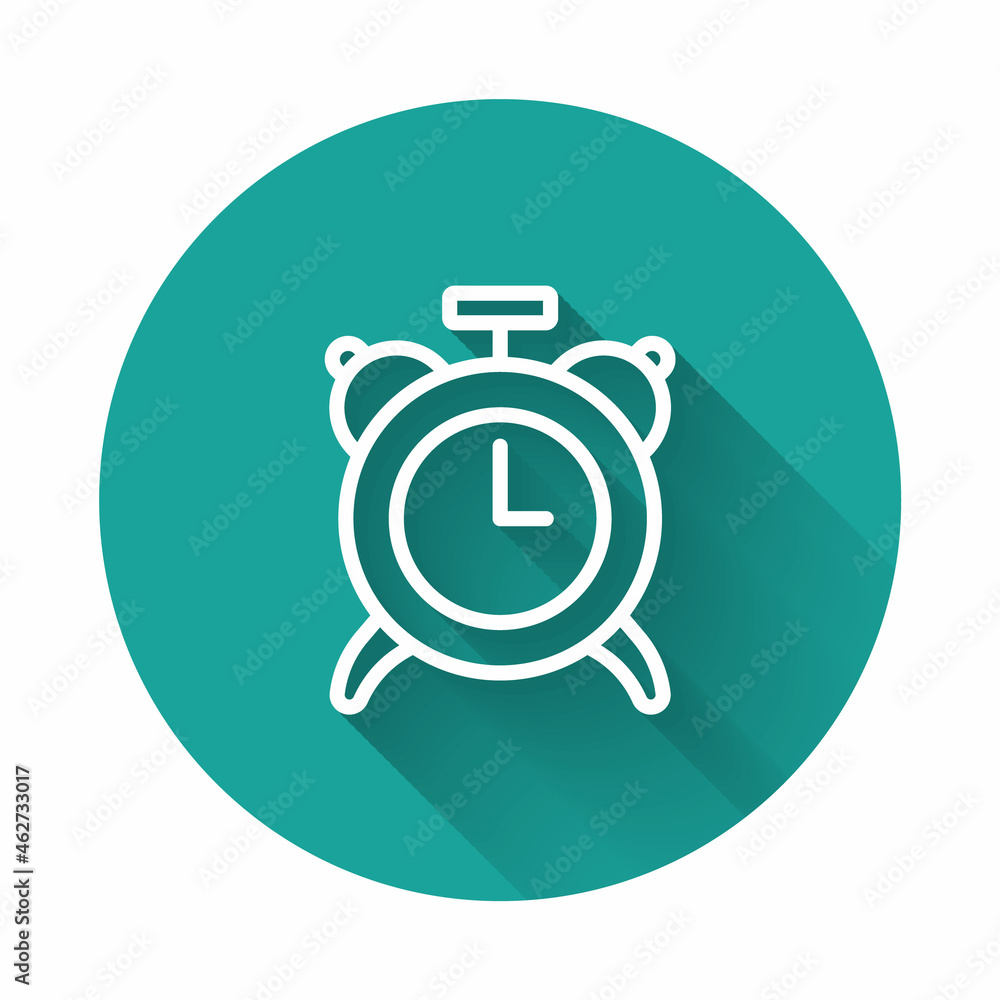 White line Alarm clock icon isolated with long shadow background. Wake up, get up concept. Time sign. Green circle button. Vector White line Alarm clock icon isolated with long shadow background. Wake up, get up concept. Time sign. Green circle button. Vector