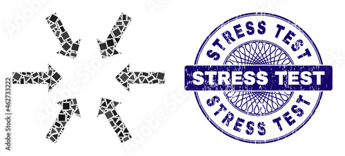 Geometric collage compact arrows, and Stress Test scratched stamp seal. Blue stamp seal has Stress Test text inside round form. Vector compact arrows collage is composed of different spheric,