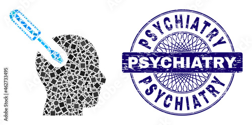 Geometric collage brain tool, and Psychiatry dirty stamp seal. Blue stamp seal has Psychiatry text inside circle shape. Vector brain tool collage is designed of scattered spheric, triangle,