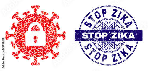 Geometric collage contagious lockdown, and Stop Zika grunge stamp seal. Blue seal includes Stop Zika title inside round shape. Vector contagious lockdown collage is constructed of different round,