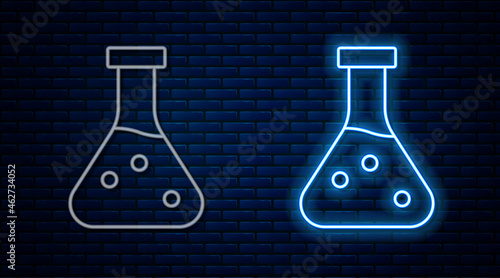 Glowing neon line Test tube and flask chemical laboratory test icon isolated on brick wall background. Laboratory glassware sign. Vector