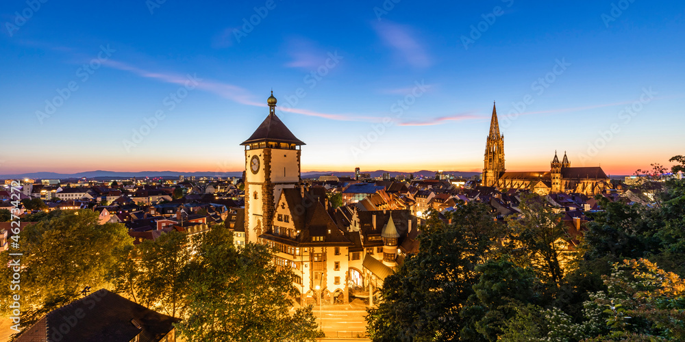 Germany, Baden-Wurttemberg, Freiburg im Breisgau, Panorama of illuminated Schwabentor gate at dusk Germany, Baden-Wurttemberg, Freiburg im Breisgau, Panorama of illuminated Schwabentor gate at dusk