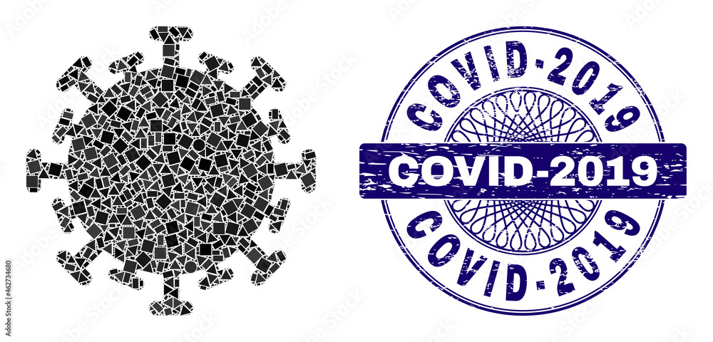 Obraz premium Geometric mosaic contagious virus, and Covid-2019 dirty seal. Blue stamp seal includes Covid-2019 text inside circle shape. Vector contagious virus mosaic is composed from randomized round, triangle,