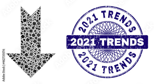 Geometric collage arrow down, and 2021 Trends dirty stamp. Violet stamp seal includes 2021 Trends tag inside round form. Vector arrow down mosaic is composed with random round, triangle,