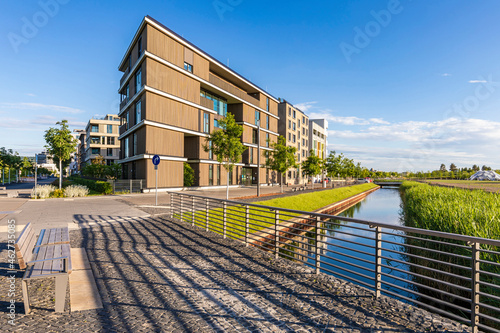 Germany, Baden-Wrttemberg, Heilbronn, Neckar, district of Neckarbogen, New energy efficient apartment buildings photo