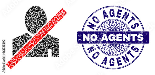 Geometric mosaic blacklisted man, and No Agents unclean stamp. Violet stamp includes No Agents tag inside round shape. Vector blacklisted man mosaic is designed of different round, triangle,