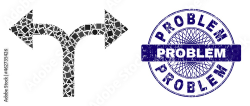 Geometric mosaic bifurcation arrows left right, and Problem unclean seal. Blue seal has Problem text inside round form. Vector bifurcation arrows left right mosaic is constructed of scattered round,