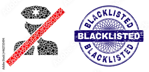 Geometric mosaic blacklisted policeman, and Blacklisted grunge stamp seal. Violet stamp has Blacklisted text inside round form. Vector blacklisted policeman mosaic is organized from randomized circle,