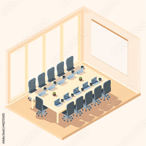 cartoon isometric office presentation room, vector illustration