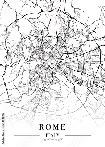 Photography Rome city map poster print. Detailed map of Rome (Italy).