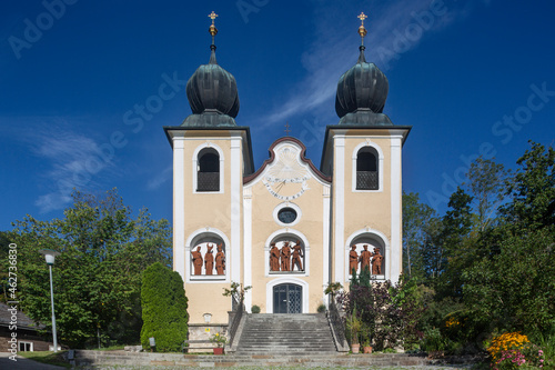 Kalvarienbergkirche against blue sky on sunny day, Salzkammergut, Bad Ischl, Upper Austria, Austria photo