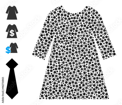 Round dot mosaic woman dress. Vector mosaic is based on woman dress icon, and formed of random circle elements. Vector icon of woman dress created with random round pixels.