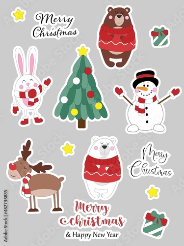 Set of vmerry christmas stickers. Christmas stickers collection on grey background. Cute colorful ellements, animals, Christmas tree, snowman, deer