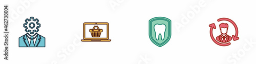 Set Head with gear inside, Shopping basket on laptop, Dental protection and Human resources icon. Vector