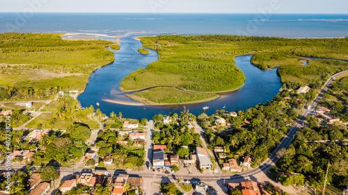 Santa Cruz Cabrália, Bahia. Aerial view of the mouth of the Rio Santo Antônio, in Cabrália BA photo