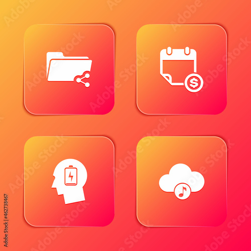 Set Share folder, Financial calendar, Head with low battery and Music streaming service icon. Vector