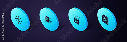 Set Isometric ASIC Miner, Cryptocurrency wallet, Smart contract and Distribution icon. Vector