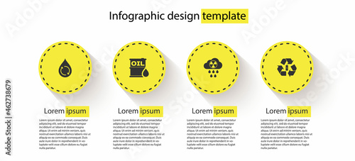 Set Recycle clean aqua, Oil barrel, Acid rain and radioactive cloud and Battery with recycle. Business infographic template. Vector