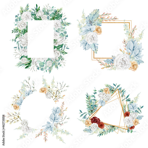 Wallpaper Mural Watercolor floral frame with golden rose, pampas grass, blue flower, eucalyptus. Golden glitter texture illustration for christmas card,  greeting card, wedding card, baby shower, bridal shower. Torontodigital.ca