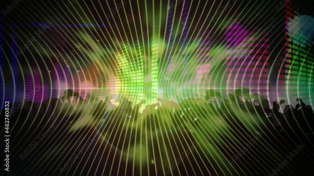 Animation of glowing spots and light trails with graphic music equalizer moving and people dancing Animation of glowing spots and light trails with graphic music equalizer moving and people dancing