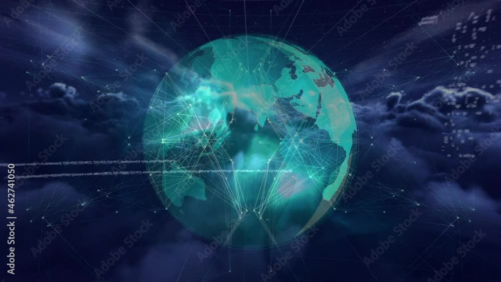 Animation of data processing and globe over clouds on black background Animation of data processing and globe over clouds on black background