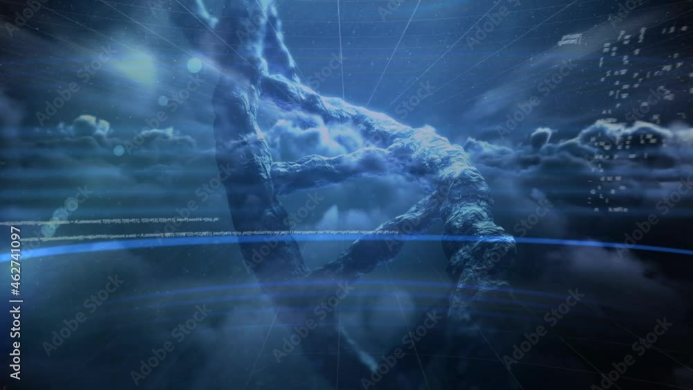 Animation of data processing and dna strand over clouds on black background Animation of data processing and dna strand over clouds on black background