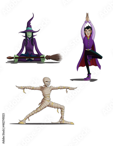 Halloween Witch Dracula and Mummy doing Yoga poses