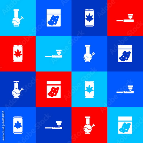 Set Glass bong for smoking marijuana, Plastic bag of cannabis, Mobile and and Smoking pipe icon. Vector