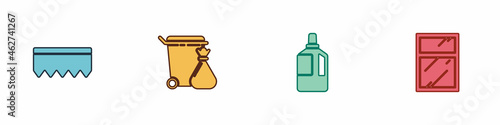 Set Sponge with bubbles, Trash can and garbage bag, Fabric softener and Cleaning service for windows icon. Vector