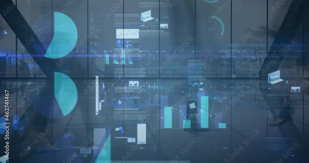 Animation of financial data processing over diverse business people walking in modern office Animation of financial data processing over diverse business people walking in modern office