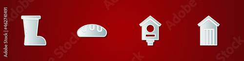 Set Waterproof rubber boot, Bread loaf, Bird house and Wooden outdoor toilet icon. Vector