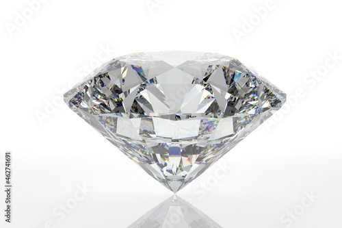 映り込みがある白背景のダイヤモンドの3Dレンダリング