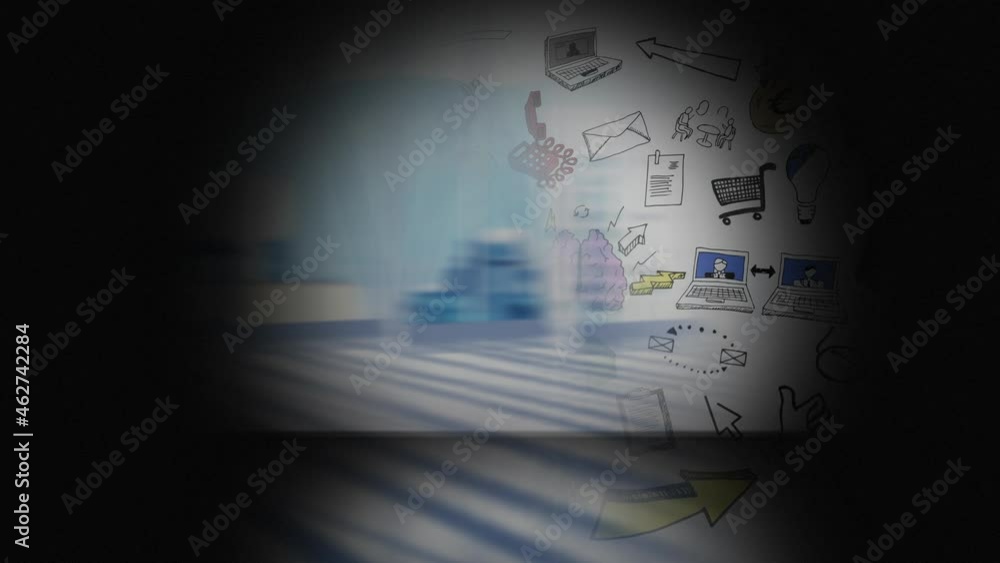 Animation of hand drawn computer and internet symbols seen through hole on black background Animation of hand drawn computer and internet symbols seen through hole on black background