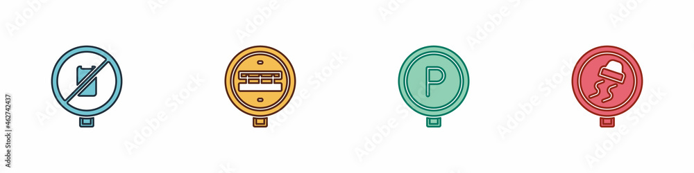 Set No cell phone, Railroad crossing, Parking and Slippery traffic icon. Vector Set No cell phone, Railroad crossing, Parking and Slippery traffic icon. Vector