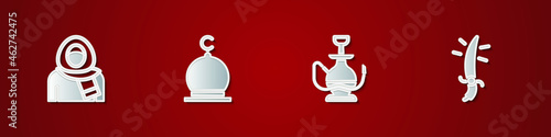 Set Muslim woman in hijab, Mosque, Hookah and Arabian saber icon. Vector