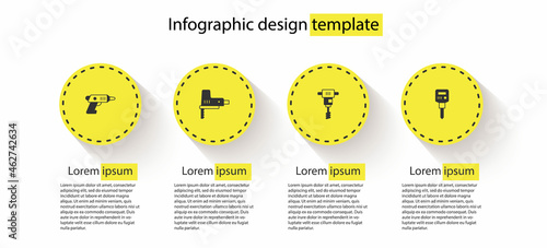 Set Electric cordless screwdriver, jigsaw, Electrical hand concrete mixer and Construction jackhammer. Business infographic template. Vector