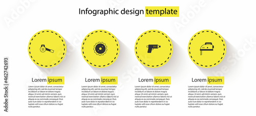 Set Leaf garden blower, Circular saw blade, Electric cordless screwdriver and jigsaw. Business infographic template. Vector