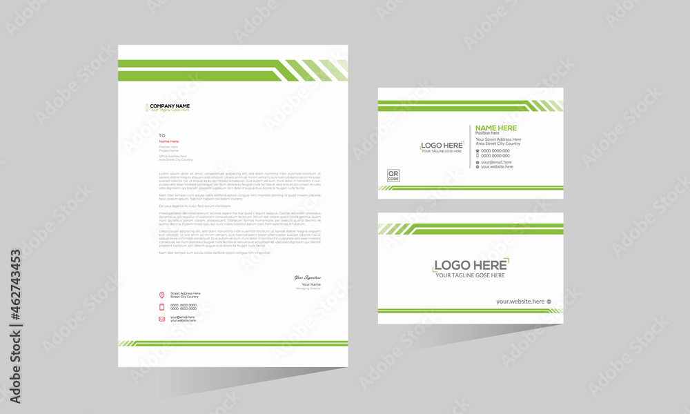 Green colored simple letterhead and business card design