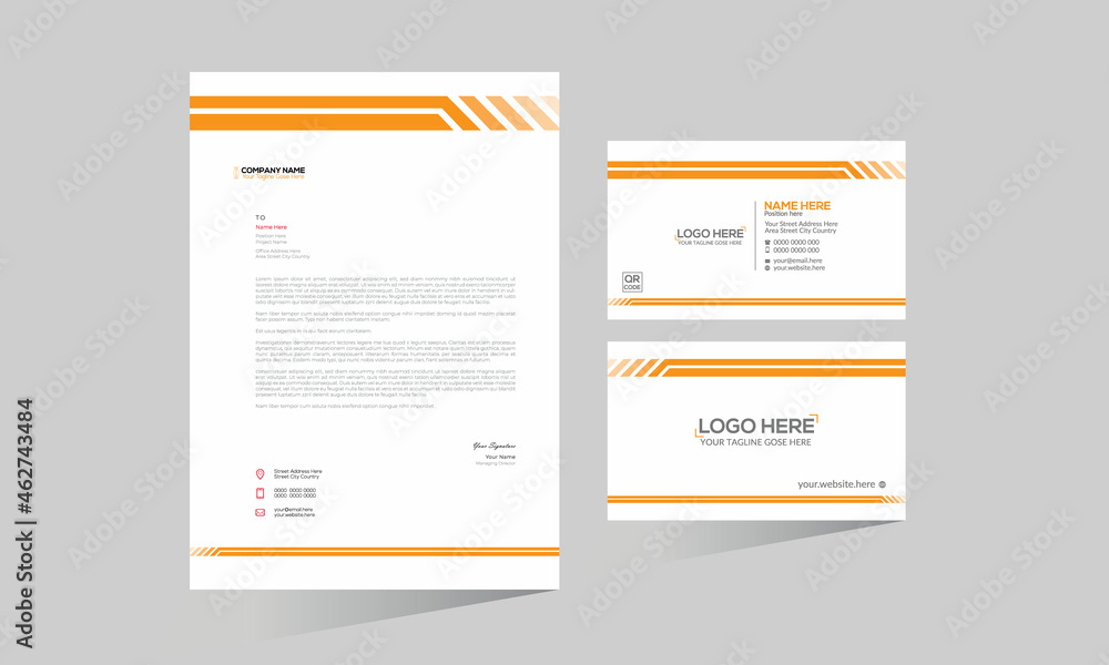 orange colored simple letterhead and business card design