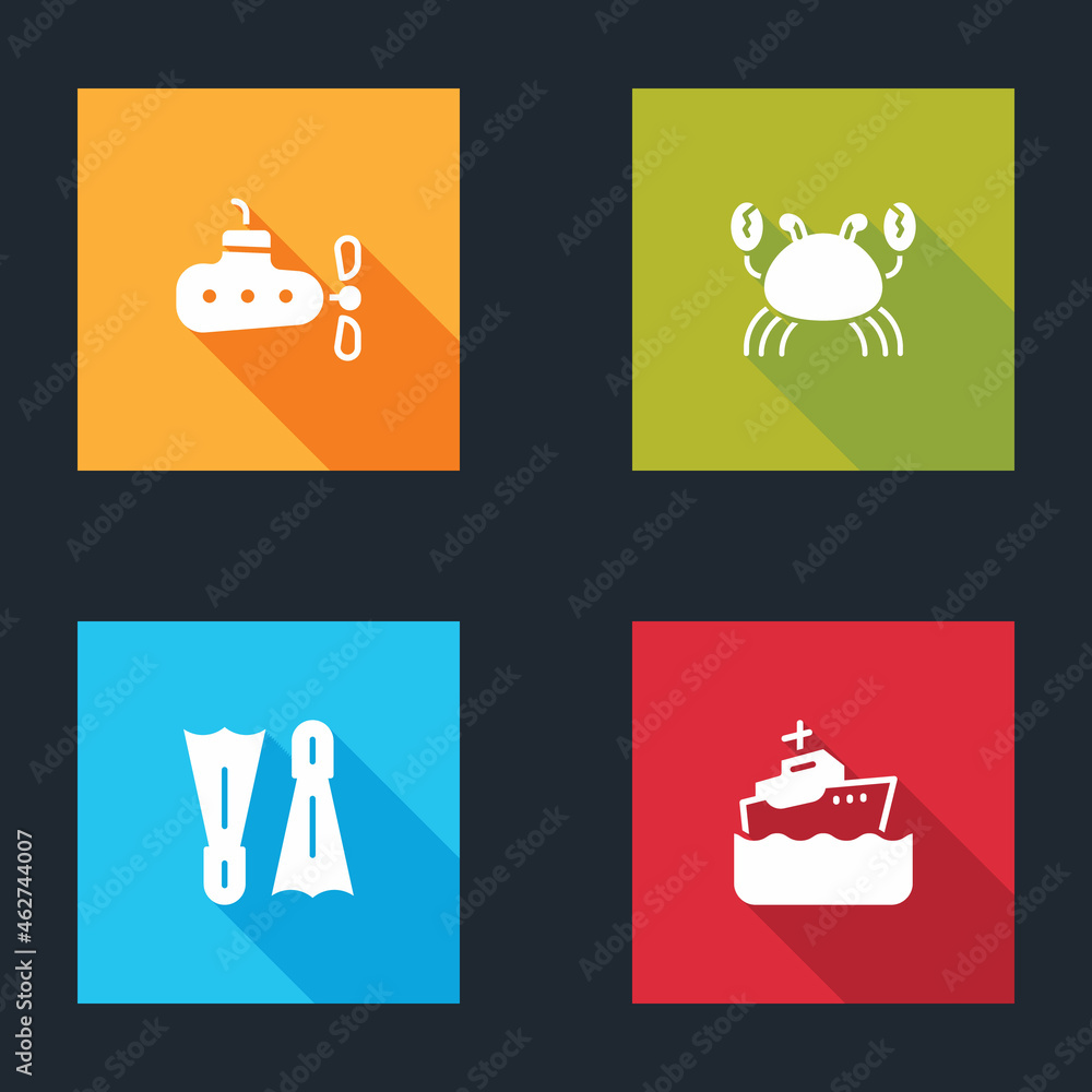 Set Submarine, Crab, Flippers for swimming and Cruise ship icon. Vector Set Submarine, Crab, Flippers for swimming and Cruise ship icon. Vector