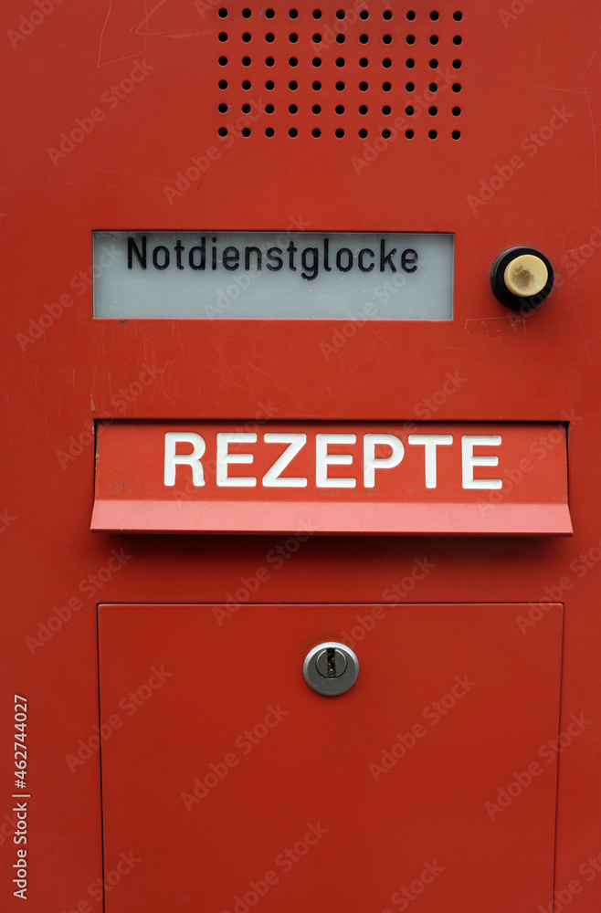 Red mailbox of a pharmacy, Hamburg, Germany Red mailbox of a pharmacy, Hamburg, Germany