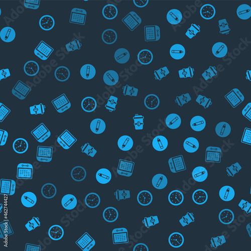 Set Clock, Pencil, Coffee cup to go and Calendar on seamless pattern. Vector