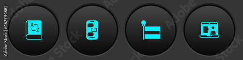 Set Translator book, New chat messages notification, Flag and Foreign language online study icon. Vector