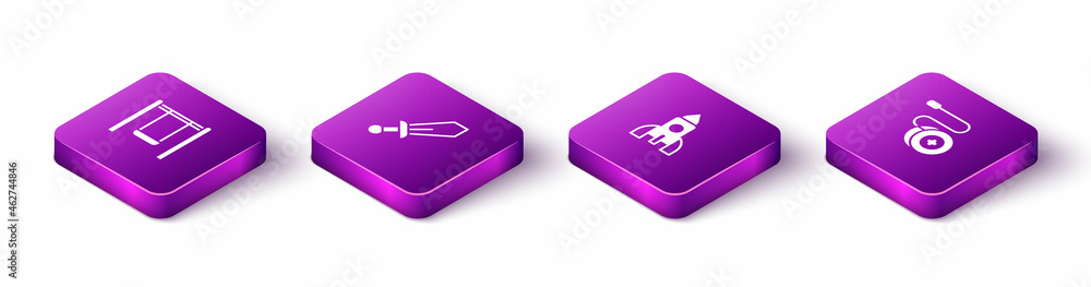 Set Isometric Swing, Sword toy, Rocket ship and Yoyo icon. Vector Set Isometric Swing, Sword toy, Rocket ship and Yoyo icon. Vector