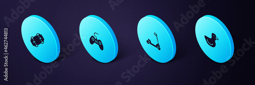 Set Isometric Rubber duck, Roller scooter, Gamepad and Skateboard icon. Vector