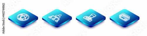 Set Isometric line Social network, Referral marketing, User of man business suit and Credit card icon. Vector