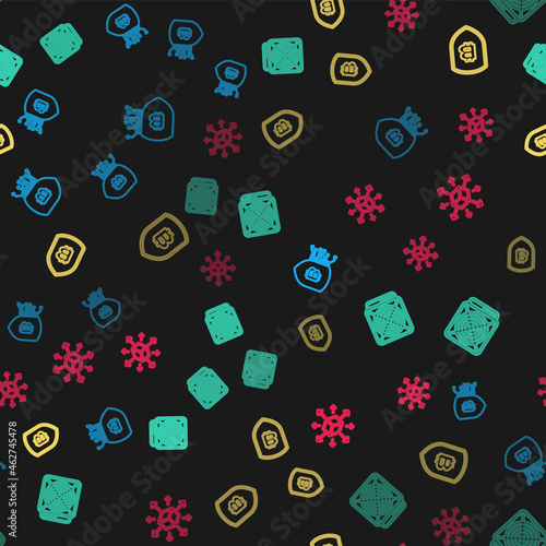 Set line Shield with bitcoin, ASIC Miner, and Distribution on seamless pattern. Vector
